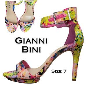 Gianni Bini Leather Stiletto Heels 7 Floral Bright Multicolor Tropical Open Toe